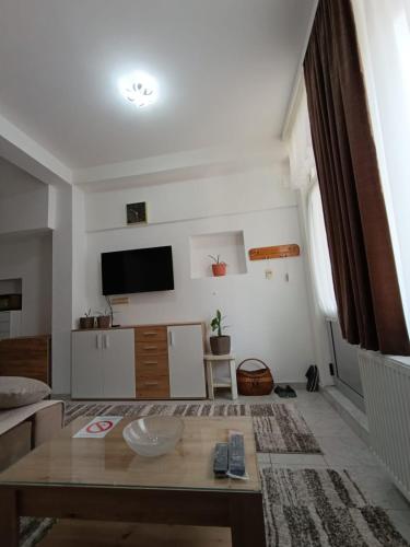 a living room with a table and a tv at Planić in Prijepolje