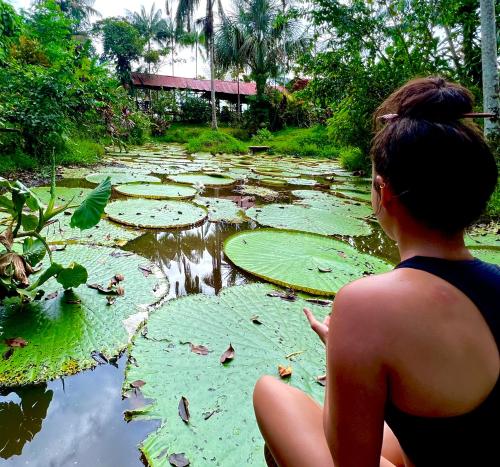 a woman sitting in front of a pond with lily pads at Reserva Natural Natura Park in Puerto Nariño
