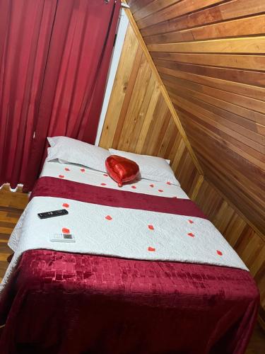 a bed with a red pillow on top of it at Hotel, Pousada e camping Recanto Nativo Caibi in Palmitos