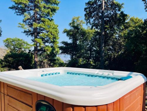 a hot tub with trees in the background at Sequoia Pine View Trailer Featured on HGTV in Wofford Heights