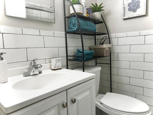 a bathroom with a sink and a toilet and a shelf at One bedroom condo close to H St in Washington