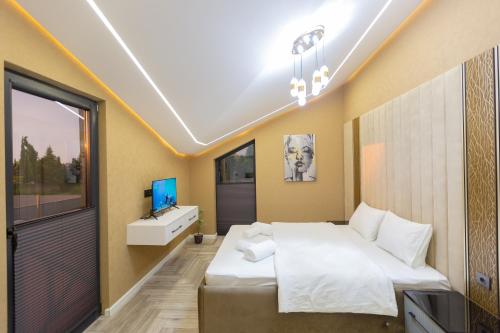 a bedroom with a large bed and a television at Caspian Colorful Villas in Lankaran