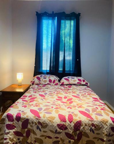 a bedroom with a bed with a blue window at Goose Bay Suite in Goose Bay Airport