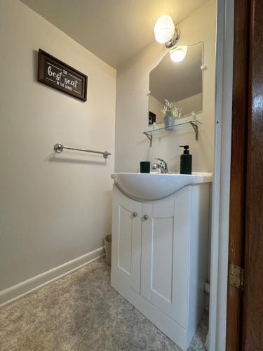 a bathroom with a white sink and a mirror at Bridgeport House WV, Close to UHC, FBI, The Bridge Complex in Bridgeport