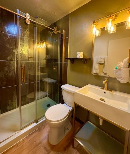 a bathroom with a toilet and a shower and a sink at Black Forest Lodge in Big Bear Lake