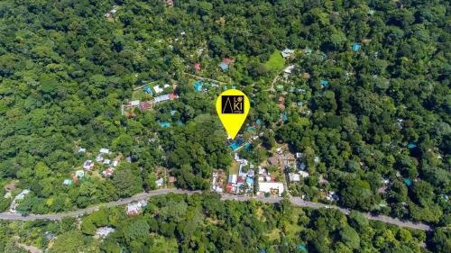 a yellow hot air balloon flying over a forest at Aloki Tsalu 1 Tu refugio entre la selva y el mar in Punta Uva