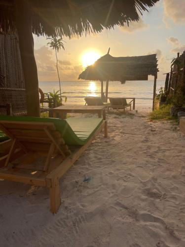 a beach with chairs and a umbrella and the ocean at Zanzibar beach escape 1&2 in Bwejuu