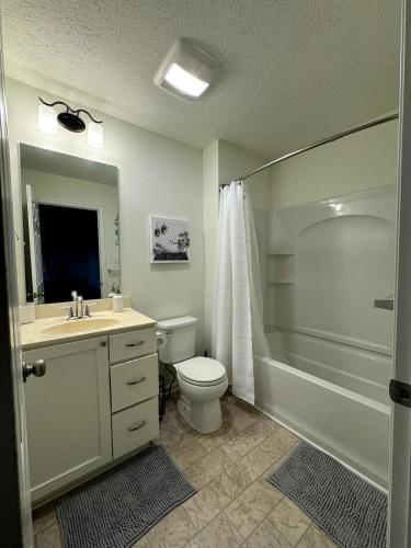 a bathroom with a toilet and a sink and a shower at Townhouse Bridgeport Close UHC,FBI,Bridge complex in Bridgeport