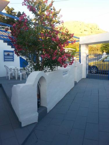 a white wall with a plant with pink flowers at Iris Studios in Archangelos