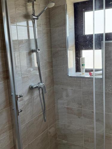 a shower with a glass door in a bathroom at Apartamento LUZ DA PRAIA in Vila Chã