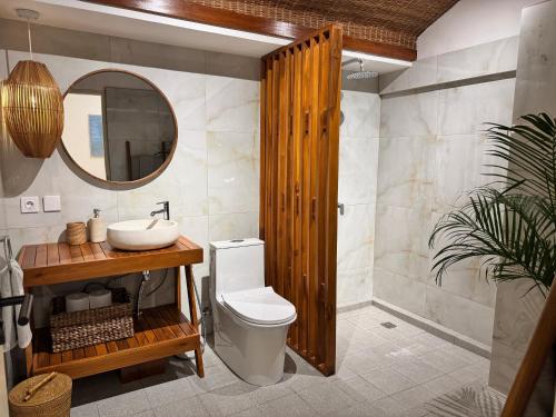 a bathroom with a toilet and a sink and a mirror at Villa Kuu - Elegant 2BR Villa with Private Pool in Kerobokan