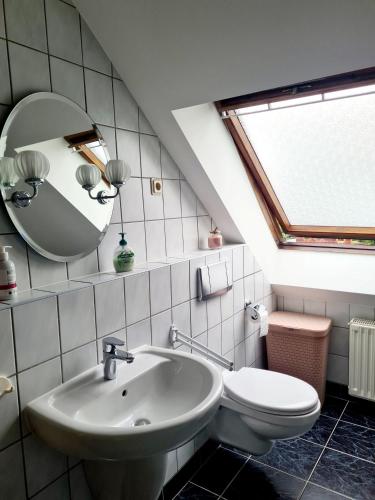 a bathroom with a sink and a toilet and a mirror at Ferienwohnung Dachstübchen in Chemnitz