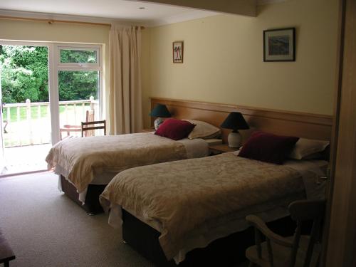 two beds in a hotel room with a window at Lakeland Midsummer Lakehouse in Oughterard