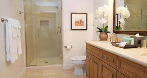 a bathroom with a shower and a toilet and a sink at Dolphin Bay Resort and Spa in Pismo Beach