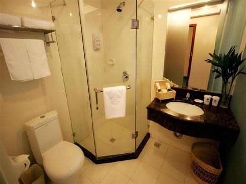 a bathroom with a toilet and a shower and a sink at GreenTree Inn Xuzhou South Minzhu Road in Xuzhou