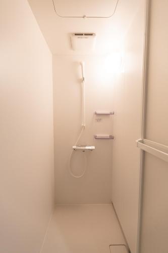 a small white bathroom with a shower stall at b&岸里店 in Osaka