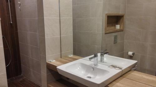 a bathroom with a sink and a shower at Villas and apartments Oaza in Sarajevo