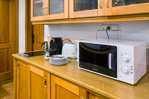 a microwave oven sitting on a counter in a kitchen at Figula Vendégház in Balatonfüred