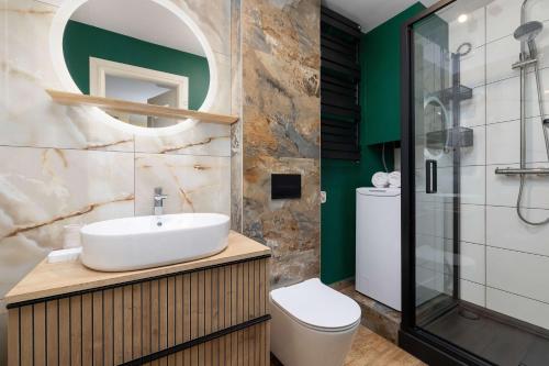 扎科帕内Apartment with Parking close to the Krupówki by Noclegi Renters的带水槽、马桶和淋浴的浴室