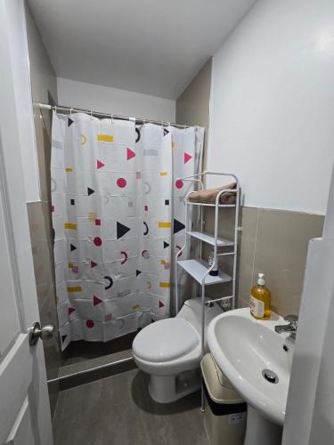 a bathroom with a toilet and a shower curtain at 501 Modern equipped department 3 in Abancay