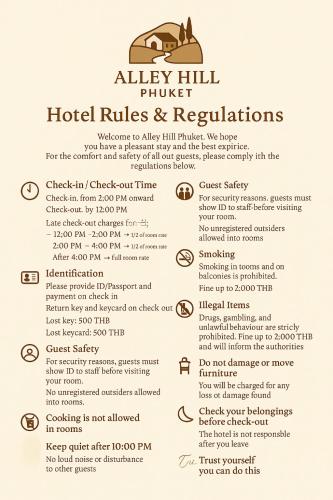 a menu for the alley hill hotel rules and regulations at Alleyhill Phuket - Private & Cozy Boutique in Phuket Town