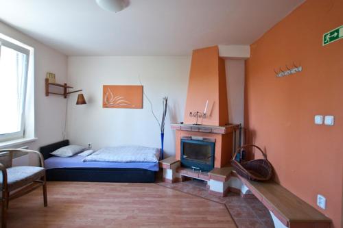 a bedroom with a bed and a fireplace at Chalupa - Sklep Starovice in Starovice