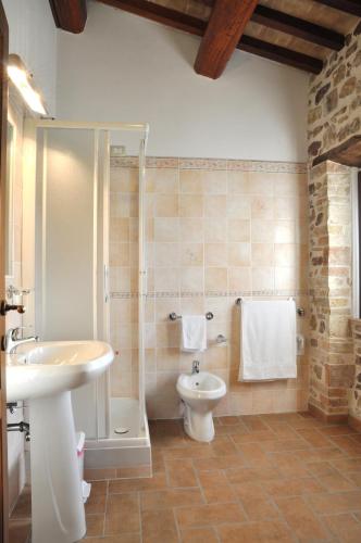 a bathroom with a toilet and a sink and a shower at Agriturismo Arcobaleno della Torretta in Giano dellʼUmbria