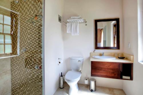 La salle de bains est pourvue de toilettes, d'un lavabo et d'une douche. dans l'établissement Oakhurst Hotel, à George