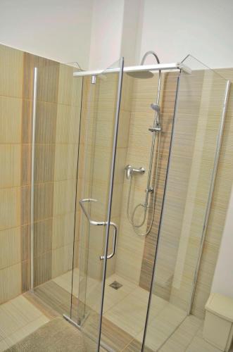 a shower with a glass enclosure in a bathroom at Vila Kateřina in Broumov