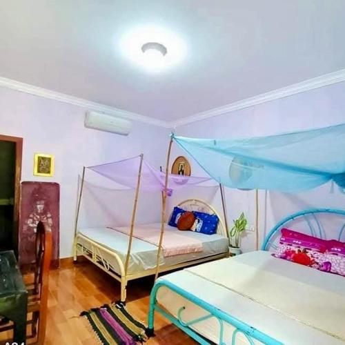 a bedroom with two beds with a canopy at Happy Homestay SiemReap - Local Vibe in Phumĭ Puŏk Chăs