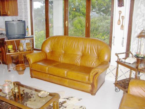 a leather couch in a living room with a tv at Casa do Costa in Fajã
