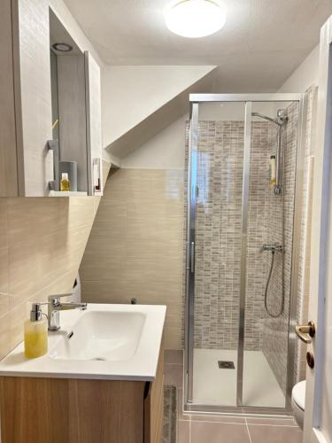 a bathroom with a sink and a shower at casa di Gio in Sondrio