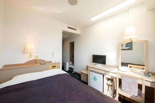 a hotel room with a bed and a tv at Albert Hotel in Akita
