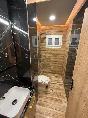 a bathroom with a sink and a toilet and a shower at Ethra Suite 8 in Mesochórion
