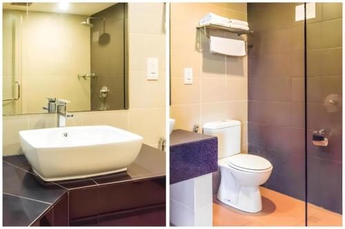 two pictures of a bathroom with a sink and a toilet at Perkasa Hotel Keningau in Baginda