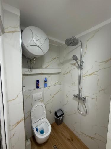 a bathroom with a shower and a toilet in it at Saranda Garden Rooms in Sarandë