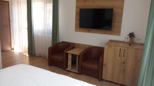 a bedroom with a bed and a chair and a television at Casa Vladeasa in Caciulata