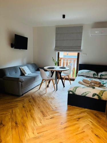ein Wohnzimmer mit einem Bett, einem Tisch und einem Sofa in der Unterkunft Apartamenty Homole in Szczawnica
