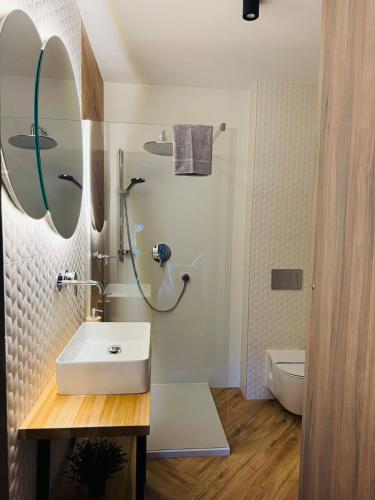 ein Badezimmer mit Waschbecken, Spiegel und Toilette in der Unterkunft Apartamenty Homole in Szczawnica