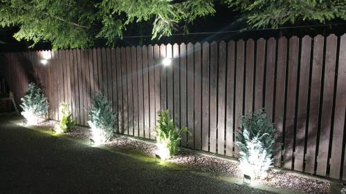 a fence with lights in front of a fence at Casa Vladeasa in Caciulata