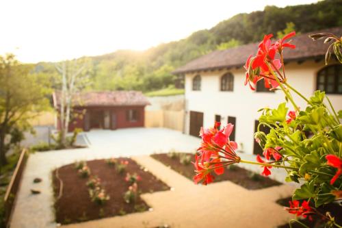 a view of a house with a garden with red flowers at Le Stanze Della Musica in Borgomale