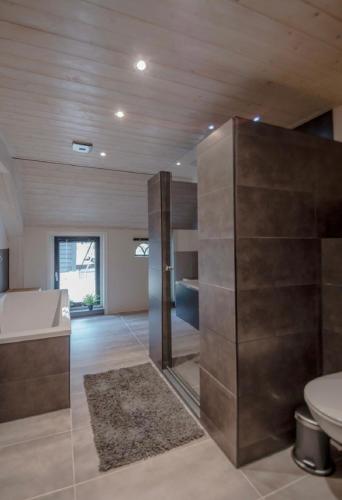 a bathroom with a tub and a toilet and a sink at Achterhuis Echt mooi in Nijeveen