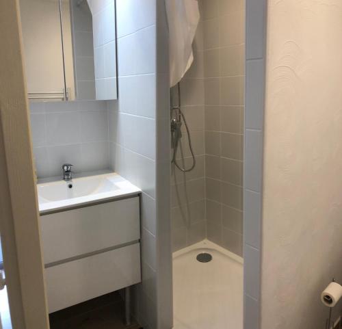 une salle de bain avec lavabo et douche dans l'établissement studio, à Claviers