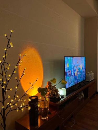 a living room with a television on a table at Cozykeyz 2BHK apartment in Katmandu International