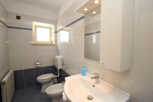a bathroom with a sink and a toilet and a mirror at Holiday house in Central Istria with private pool in Žminj