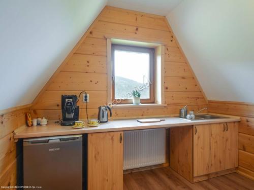 a kitchen in a log cabin with a window at Willa Grywałd in Grywałd