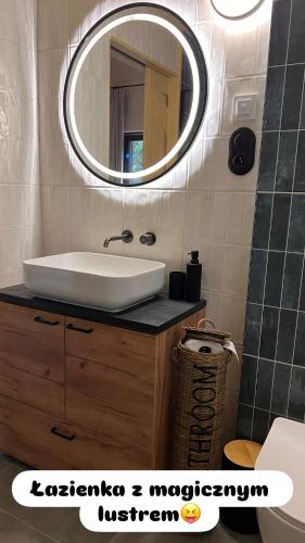 a bathroom with a sink and a mirror at Domek W Konwaliach in Krutyń