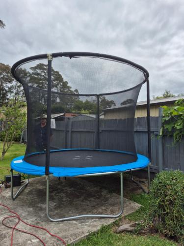 a person sitting on a trampoline in a yard at Cottage on Clare in Batehaven