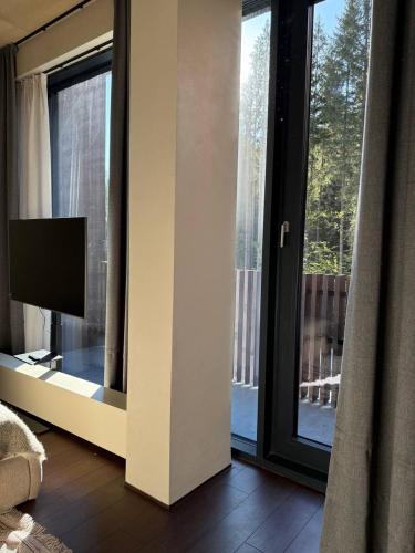 a living room with a tv and large windows at GirskiDelux in Bukovel