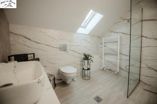 a bathroom with a toilet and a glass shower at Casa Plai cu Soare in Vatra Dornei